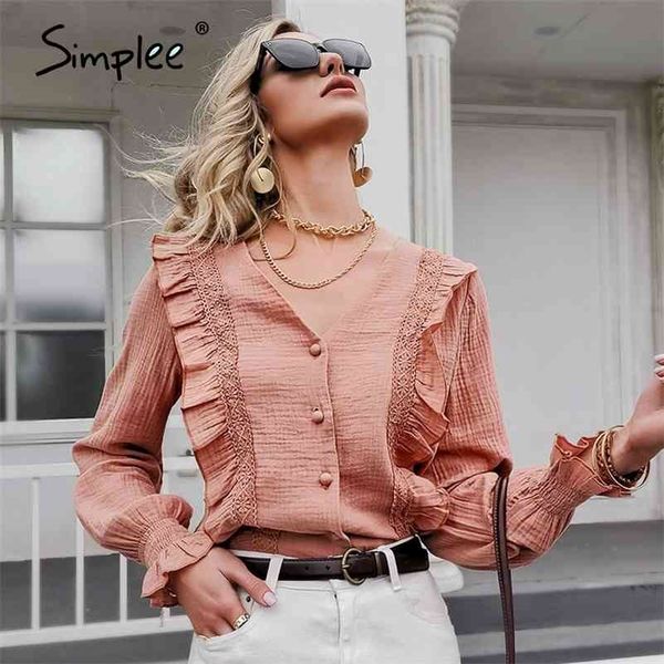 

simplee solid cotton v-neck women shirt casual spring summer long-sleeved ruffled female loose elegant office lady blouse 210323, White