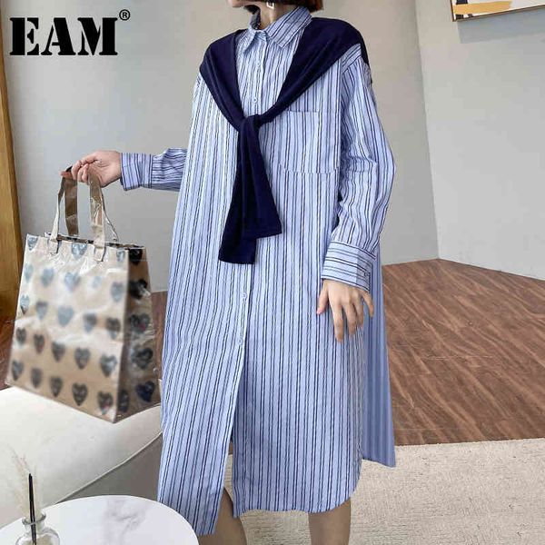 

[eam] women blue big size striped pocket casual dress lapel long sleeve loose fit fashion spring autumn 1dd7415 21512, Black;gray