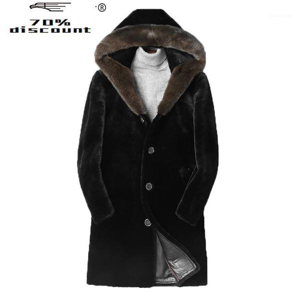 

men's leather & faux winter natural sheep shearling jacket hooded collar real coat men long jackets luxury l28-5902 kj2484, Black