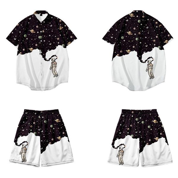 

ethnic clothing digital hooded five-point sleeve shirt astronaut starry sky graffiti printing thin holiday leisure beach loose suit, Red