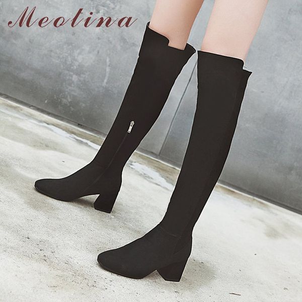 

meotina winter over the knee boots women zipper thick high heel long boots flock square toe shoes ladies autumn plus size 33-43 210520, Black