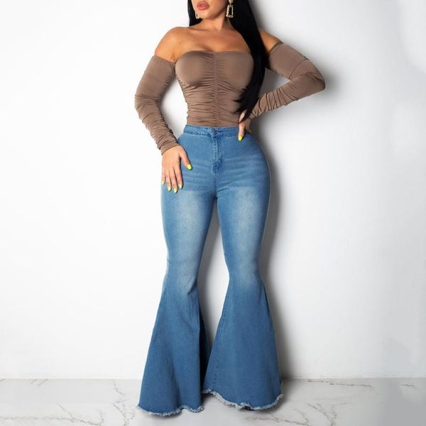 

women's jeans woman flare winter high waist elastic pockets solid color ropa mujer dropship #f, Blue