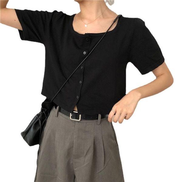 

women's t-shirt o neck ruffles short sleeve t shirt women summer casual button crop basic blue pink plus size, White