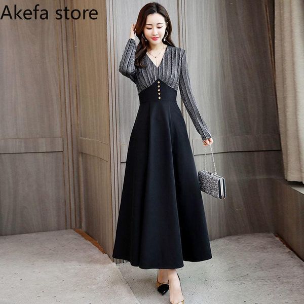 

casual dresses plus size 4xl women vintage striped patchwork autumn v-neck long sleeve mom's elegant party dress spring 2021, Black;gray