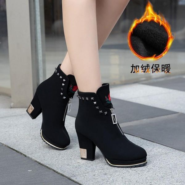 

boots women zipper ankle flock leather buckle strap rivets shoes autumn winter high heels ridding, Black