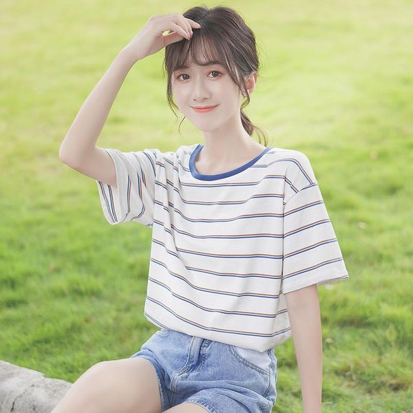 

women's t-shirt chic khaki 2021 summer loose all-match short-sleeved striped female korean style student cotton color-matching top, White