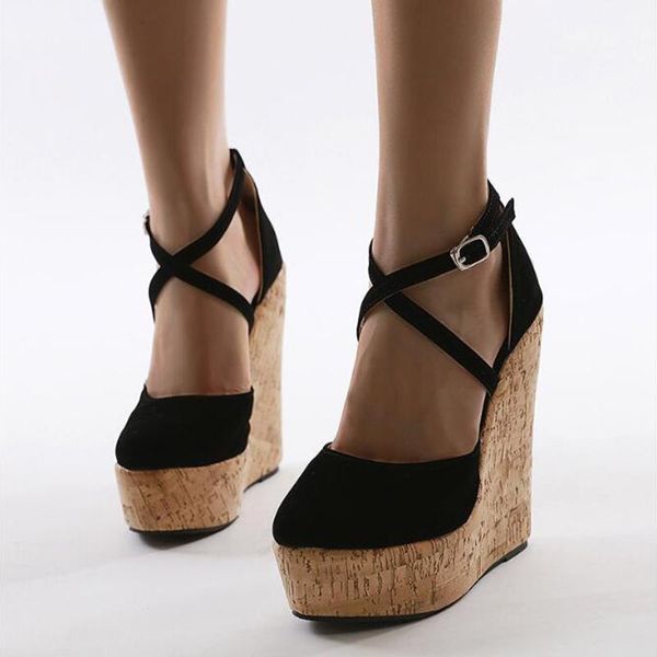 

dress shoes summer black high heels fashion platform wedges for women round toe ankle buckle strap sandals ladies pumps size 35-42
