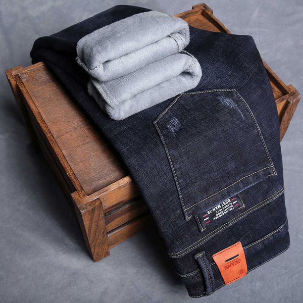 

plus velvet thickening men's jeans frayed denim stretch trousers fashion mid-waist business casual pants autumn and winter 210531, Blue