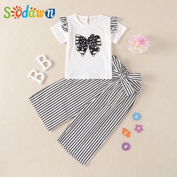 

clothing sets sodawn summer girls kids bow and striped pants outfit 2pcs casual cute clothes for 2-6 years, White