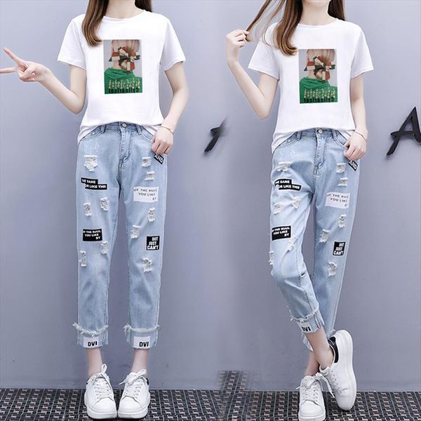 

fashion cartoon print cotton women tracksuits short sleeve t shirt jeans 2 pieces sets summer casual hole womens denim, Gray