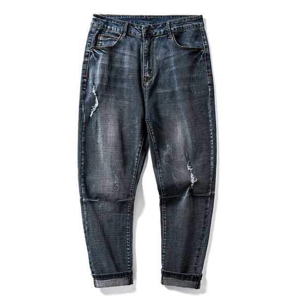 

plus size summer 2021 men's baggy ripped solid pants cargo male casual denim fashion mens long jeans trousers, Blue