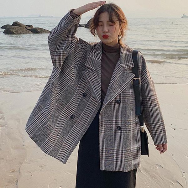 

women's suits & blazers 2021 autumn spring large size suit plaid coat loose thin double-breasted fashion casual female, White;black