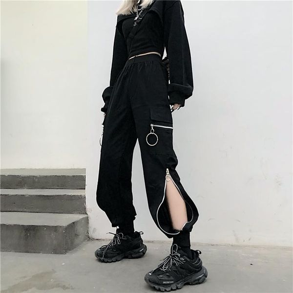 

women's pants & capris hip hop cargo summer clothing trend chain street style elastic waist straighttrousers high trousers, Black;white