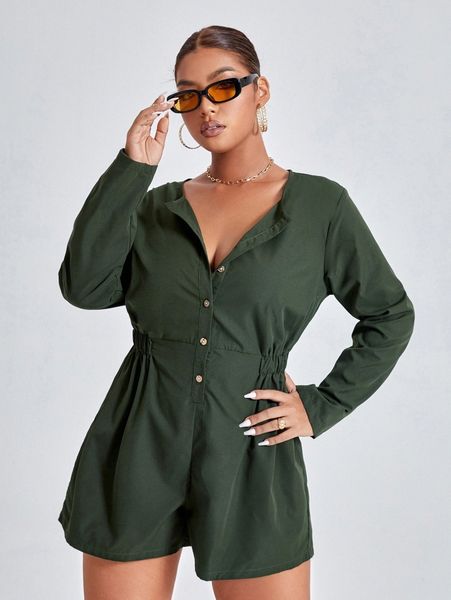 

plus solid button front romper 07d9#, Black