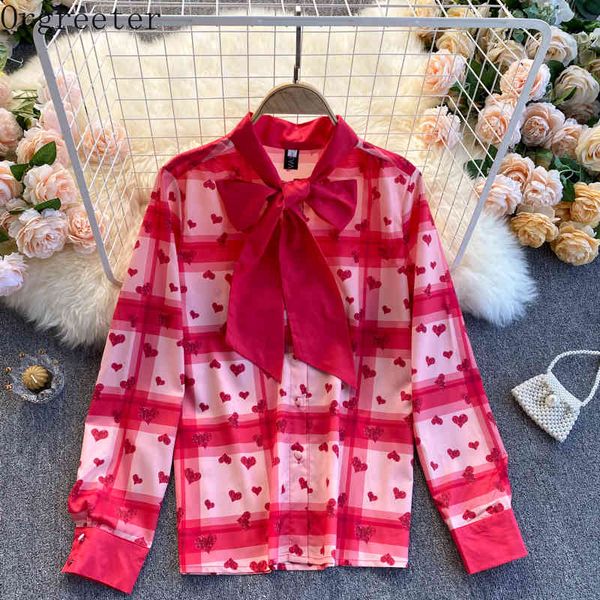 

s-3xl spring fall elegant women's sweet love pattern printing bow tie plaid long sleeve shirt blusas mujer de moda 210525, White