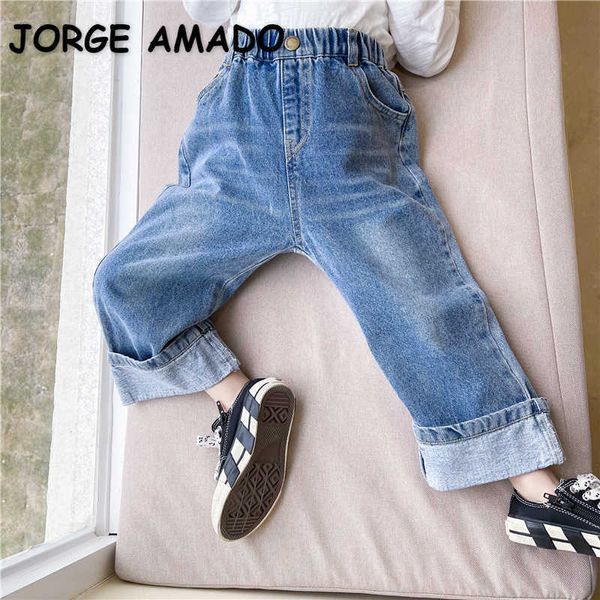 Commercio all'ingrosso stile coreano primavera ragazze jeans tinta unita elastico in vita dritto pantaloni denim gamba larga abbigliamento per bambini E3030 210610