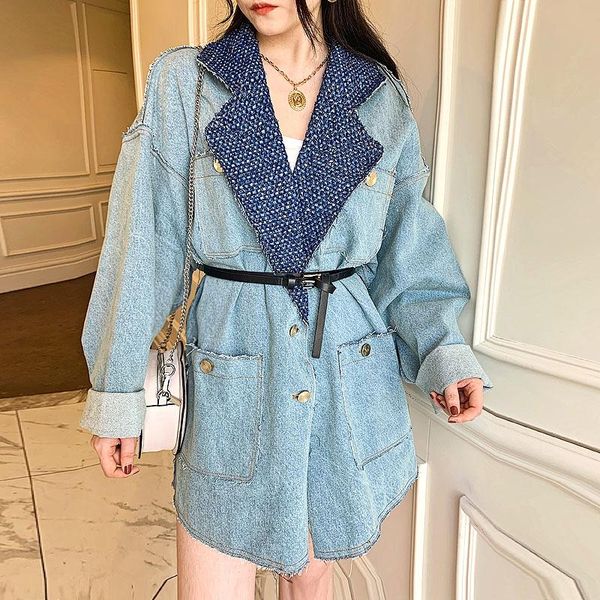 

women's jackets celebrity women turn down collar beading denim jacket long sleeve single breasted vintage blue jeans coat, Black;brown