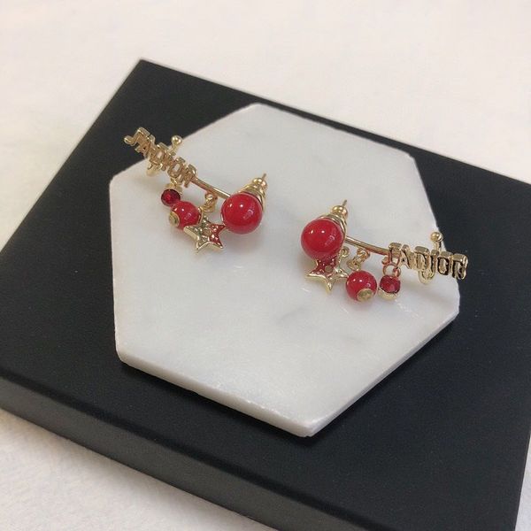 

70% off new letter red agate pearl earrings high version material, Golden;silver