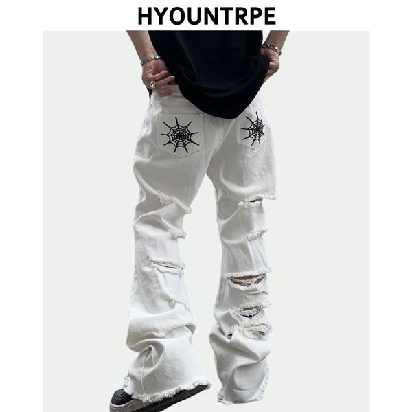 

men's jeans mens hip hop embroidery denim high street casual flare trousers ripped holes streetwear joggers pants, Blue