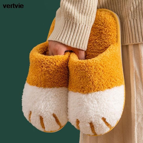

vertvie winter home women/men furry slippers cute cat indoor warm fur couple comfortable soft non-slip shoes, Black