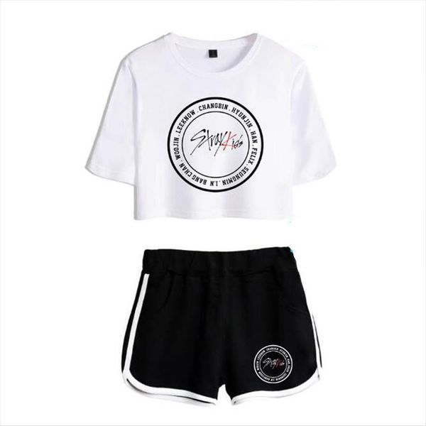 

kpop stray kids two womenpant piece outfits k pop straykids 2 set crop and short pants tracksuit for casual, White