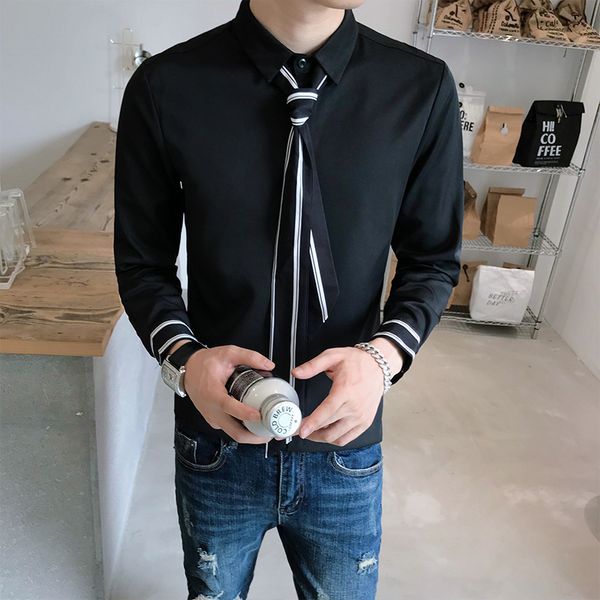 

men's casual shirts mais tamanho 5xl-s coreano magro ajuste camisa com gravata para roupas masculinas simples slido clube noturno manga, White;black