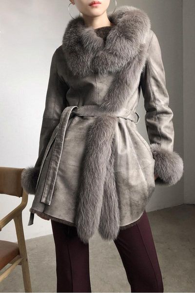 

women's fur & faux women leather coat lamb female medium slim collar casual style genuine, Black