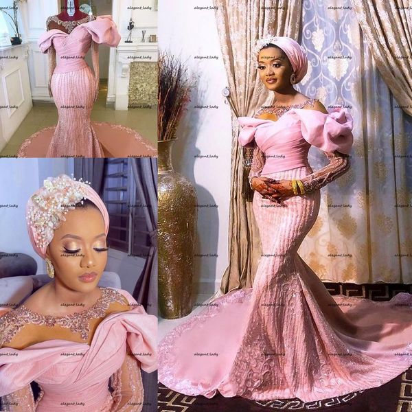 Sheer O-Neck Puffy Manga Comprida Vestidos de Noiva Pink Hot Rosa Sparkly Lace Frisado Sereia Africano Nigéria Árabe Aso Ebi Vestidos Bridais
