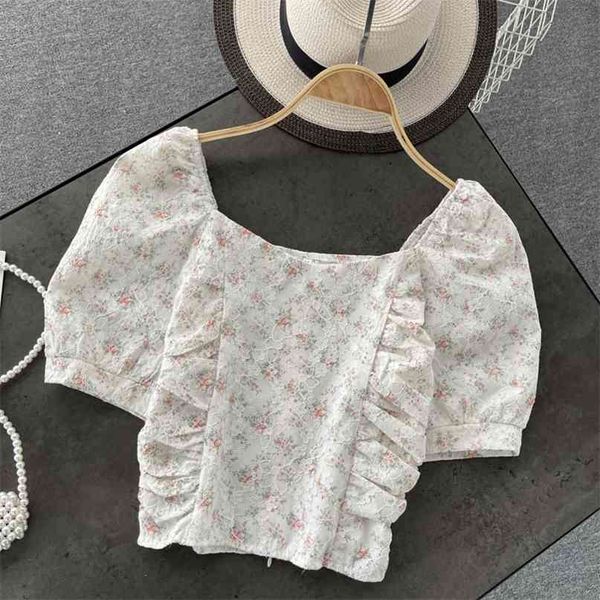 

short women's fashion square neck pleated slim sleeve sweet lace shirt blusones de mujer clothes blouse s190 210527, White