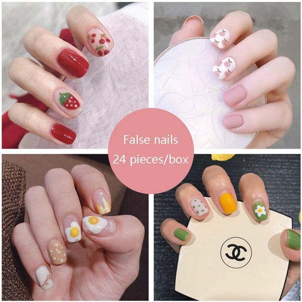 

false nails 24pcs/set fashion cute graffiti pattern wearable fake full cover finished fingernail nail art tips colorful, Red;gold