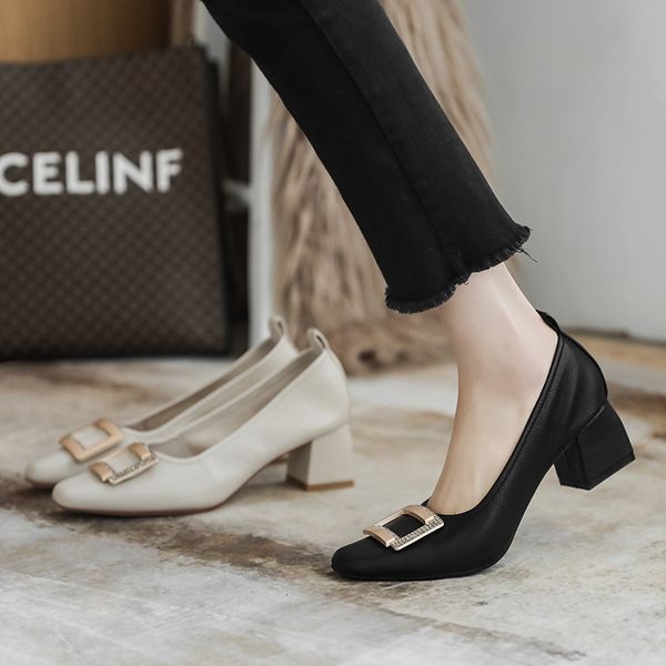 

sandals fashion single shoes casual soft shallow mouth granny women thick heel korean leather 616-6 xvvh, Black