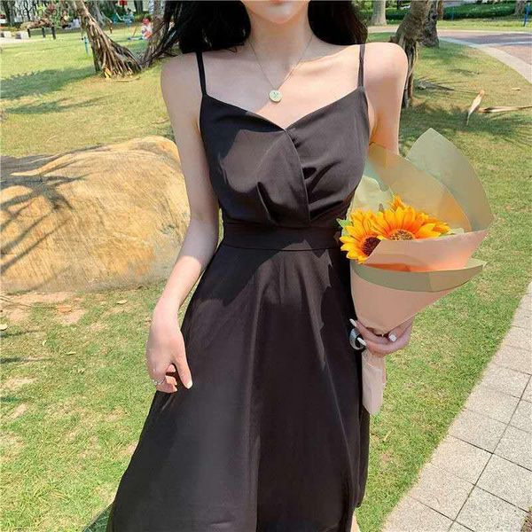 

casual dresses the summer of 2021 black dress, elegant temperament, high waist, thin a-line mid-length solid color thinner, Black;gray