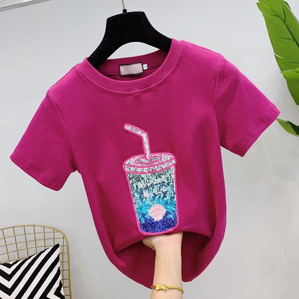 

sequins cartoon cup print slim short sleeve t shirt women 2021 summer korean cotton white tshirt ins fashion tee femme women's t-shirt