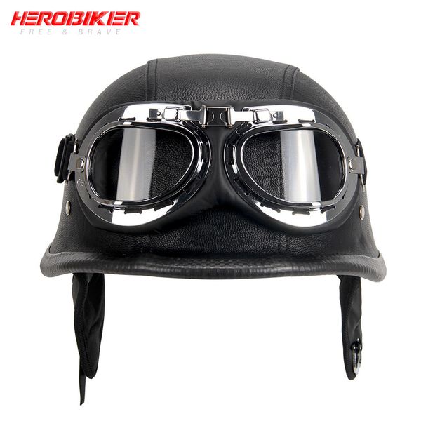 

herobiker german leather style motorcycle open face retro half helmet cruise chopper biker pilot dot s