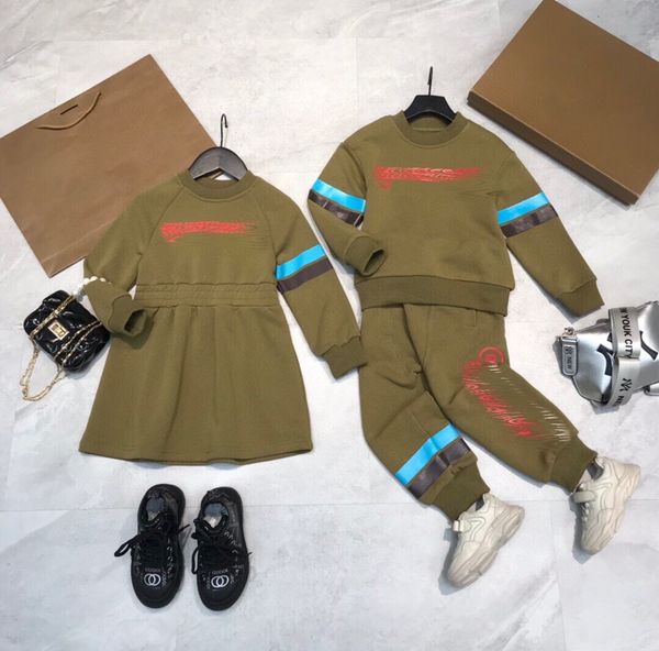 

autumn children's alphabet printed brother and sister dress girls' sportswear sweater + trousers two-piece set, White