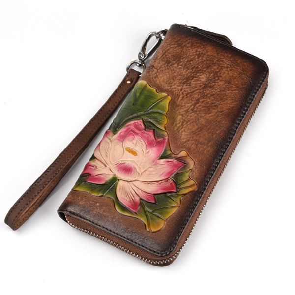 

women's cowhide leather long purse flower clutch phone handy bag wallets, Red;black