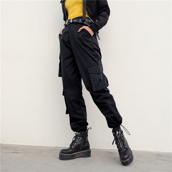 

pants trousers 2021ins street shooting style drawstring leg closing corset overalls women's loose high waist slim hip hop fashion, Black;white