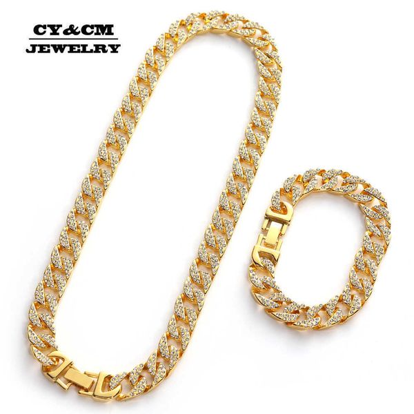 

hip hop men's ice necklace, miami cuban chain, long, 13mm jewelry, gold and silver plated rhinestones q0809