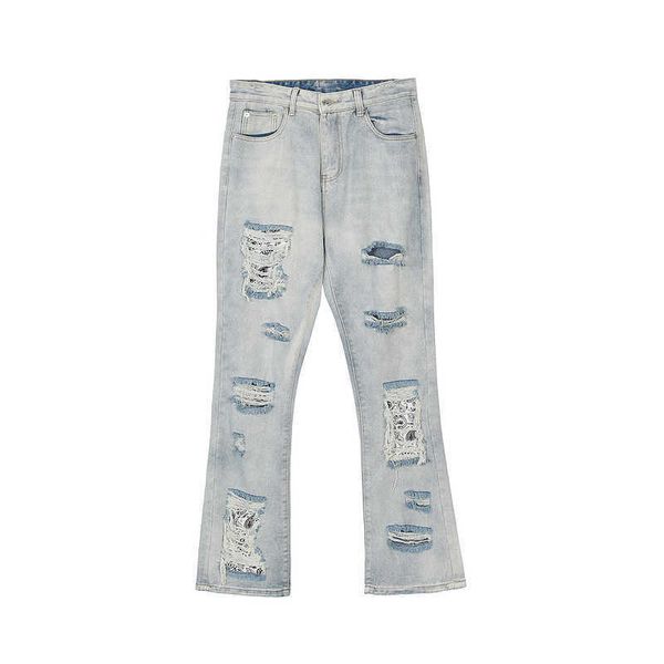 

men's jeans high street cashew blossom stitching light color hole loose micro la casual washed jeans, Blue