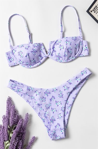 

lilac floral design bikini v cut underwired push up swimsuit two piece bathing suit women thong xl swimming suit for womening