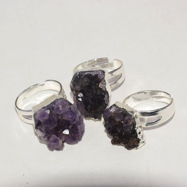 

cluster rings natural purple crystal stone druzy for women 2021 geode adjustable big quartz irregular fashion jewelry, Golden;silver