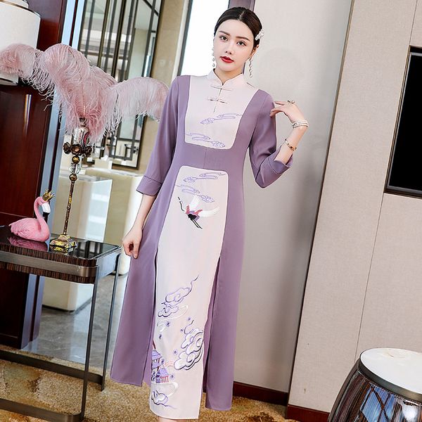 

capris brand chinese style 2021 spring vintage party woman lurex embroidery 3/4 sleeve mid-calf length 50s 60s, Black;gray