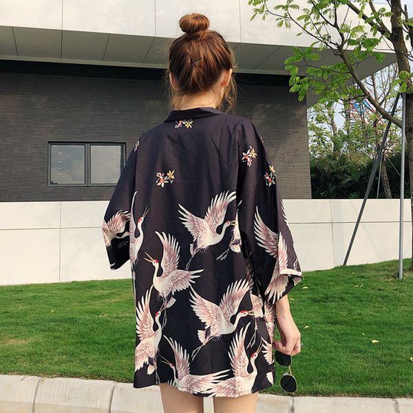 

japanese style digit print loose kimono Women blouse kimono cardigan Summer blouse shirt femme (M2851), White
