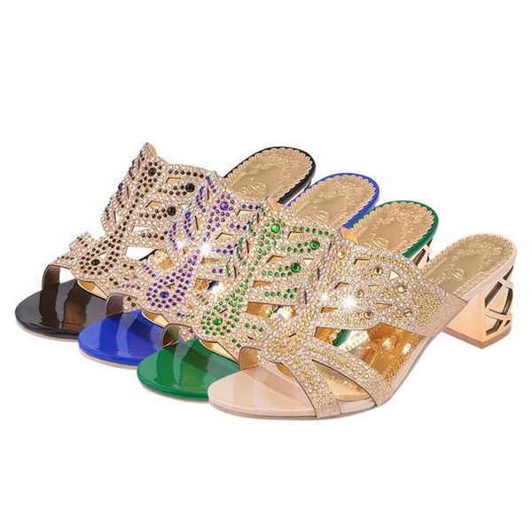 

summer women's fish mouth hollow slippers fashion rhinestone design daily casual wear mature female rough heel flip-flops, Black