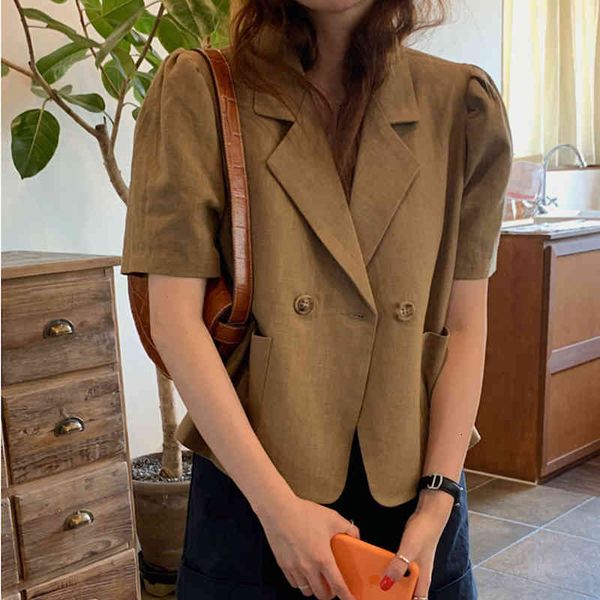 

women's suits & blazers brown solid will see female crop turn collar down casual high waist tank vacation short sleeves loose chic adju, White;black