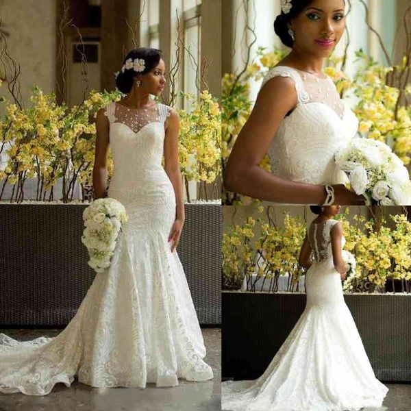 

elegant african bride lace mermaid wedding dresses sleeveless 2021 appliques train chapel dress bridal gowns vestidos de novia, White