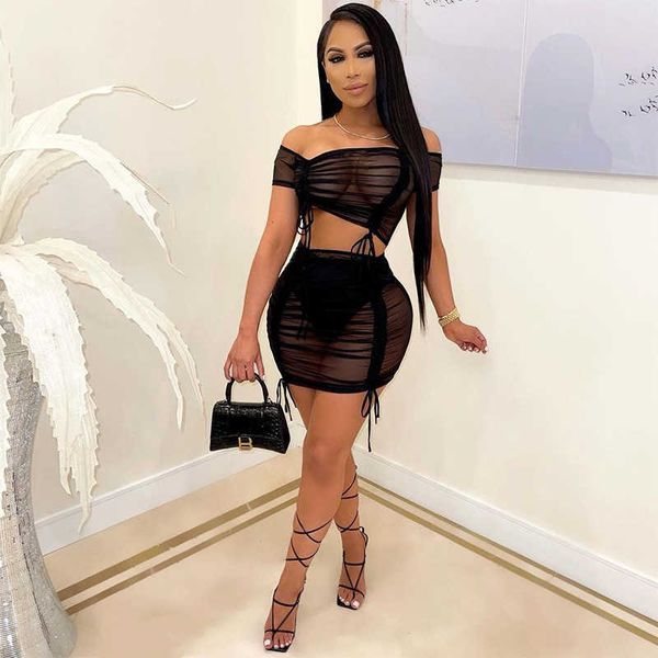 Sexy Zwei Stück Set Frauen Party Clubwear Sommer Outfits 2021 Blau Schwarz Sheer Mesh Mini Röcke Crop Top Dropshipping X0709