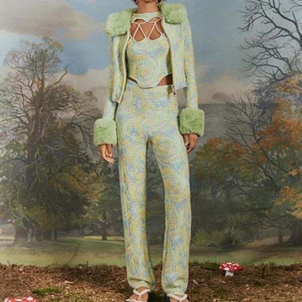 

women's two piece pants paisley print trouser suits set women 2021 vintage zipper fur collar long sleeve coat sets y2k pantsuit, White