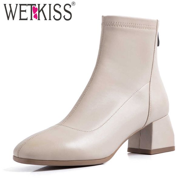 

wetkiss pu leather ankle boots stretch booties chunky heels shoes woman zipper square toe autumn boot female med heels shoes big 210630, Black
