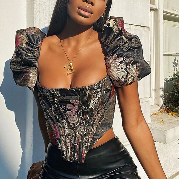

square collar jacquard boned bustier crop shirt puff sleeve backless shirts blouse women zipper elegantby air, Black;white